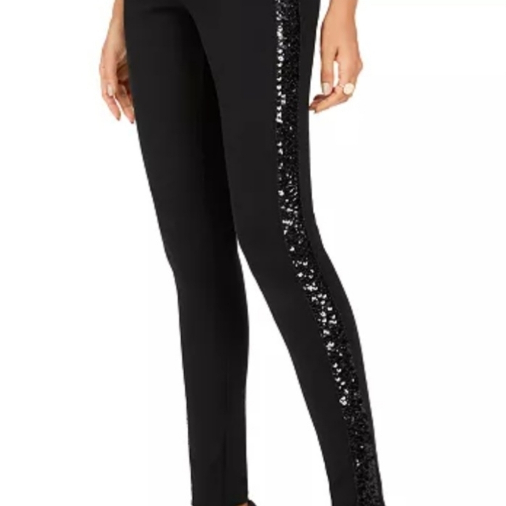 INC International Concepts Black Sequin Trim Skinny Mid Rise Size 8 NWT